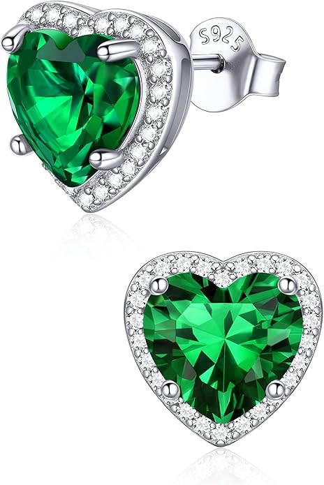ChicSilver 925 Sterling Silver Birthstone Earrings for Women, 8MM/2 Carat Heart & Round Cubic Zirconia Stud Earrings, Hypoallergenic Jewelry, Ideal Birthday or Christmas Gifts