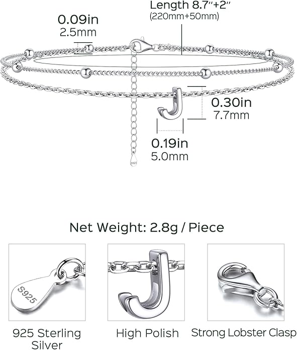 ChicSilver Ankle Bracelets for Women Waterproof, 925 Sterling Silver Initial Anklets for Women, Adjustable Dainty Layered Anklet Beach Jewelry for Women Mom Wife Friend