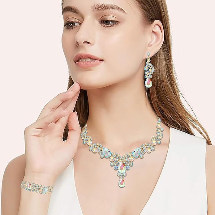Paxuan Crystal Bridal Wedding Jewelry Sets for Women Rhinestone Teardrop Crystal Statement Choker Necklace Drop Earrings Link Bracelets Rings Teardrop Jewelry Set for Brides Bridesmaids