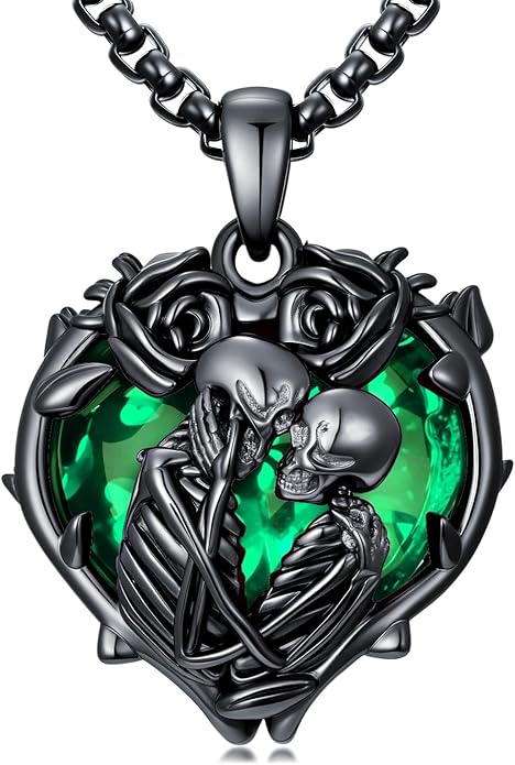 Flpruy 925 Sterling Silver Black Gothic Jewelry Gifts Skeleton Couple Pendant Crystal Birthstone Heart Necklace Punk Romantic Jewelry for Lover Men Women