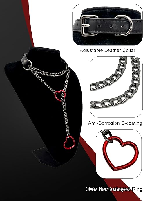 Black Leather Choker Collar For Women, Handmade Heart Slip Chain Choker Long Necklace with Adjustable Buckle