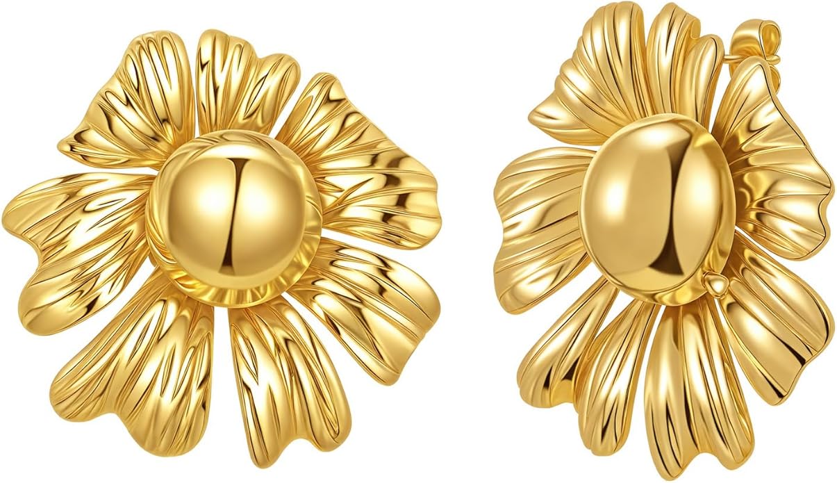 Womens Floral Gold Studs Earrings - 14K Gold Plated Earring,Personality Summer Big Flower Stud,Hypoallergenic Statement Chunky Ear Rings Aretes Trendy Jewelry,Christmas Birthday Prom Gifts for Her