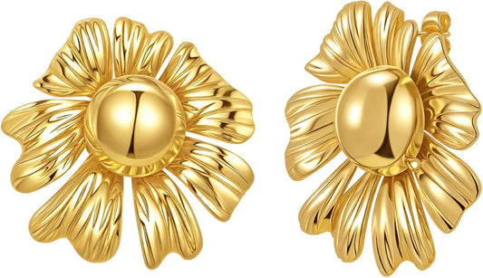 Womens Floral Gold Studs Earrings - 14K Gold Plated Earring,Personality Summer Big Flower Stud,Hypoallergenic Statement Chunky Ear Rings Aretes Trendy Jewelry,Christmas Birthday Prom Gifts for Her