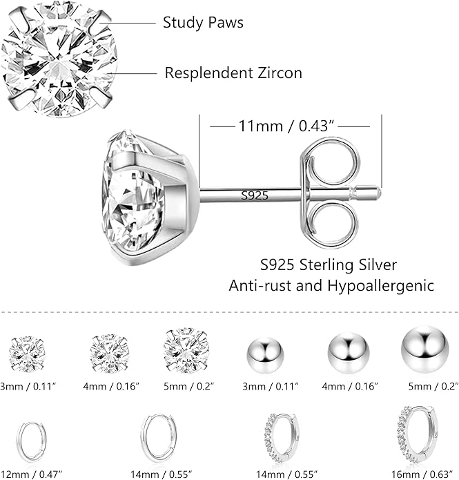 Stud Earrings for Women Hypoallergenic Sterling Silver Post Hoop and Studs Earrings Set for Multiple Piercing Small Ball Cubic Zirconia Earring Studs for Women Trendy Jewelry Gifts（6 Pairs）