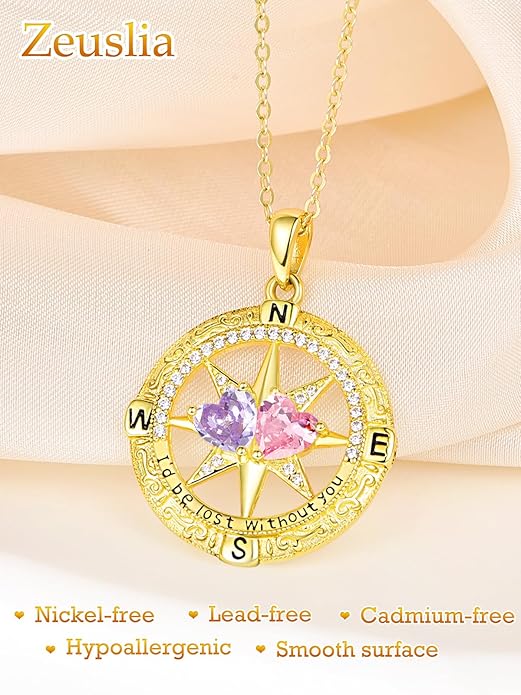 Zeuslia Double Birthstone Necklace Gifts for Wife - 925 Sterling Silver Sunflower/Rose/Crown Cross/Compass/Heart Pendant I Love You Necklace, Anniversary Birthday Gifts for Wife Girlfriend Mom Her