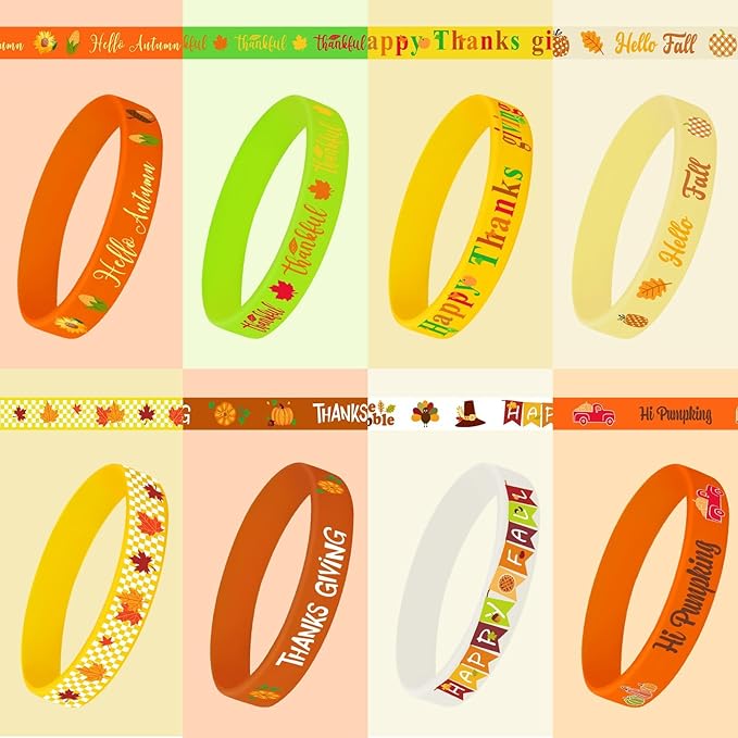 JUNEBRUSHS 64pcs Thanksgiving Party Favors Fall Leaves Pumpkin Silicone Bracelets Rubber Wristbands for Autumn Thanksgiving Home Office Party Decorations Gifts