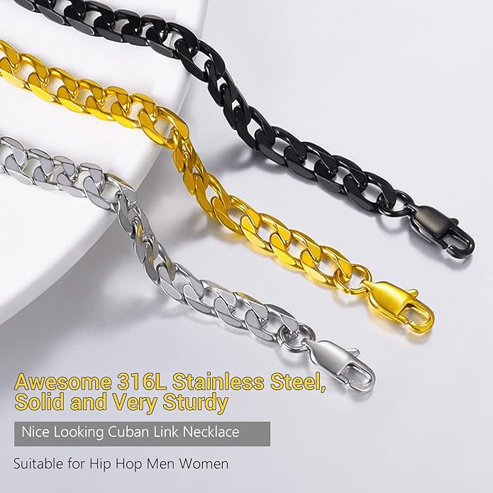 PROSTEEL 316L Stainless Steel Cuban Link Chain Necklaces for Men, Black/18K Gold Plated, Hypoallergenic Jewelry, 4mm-13mm, 14"-30", Come with Box