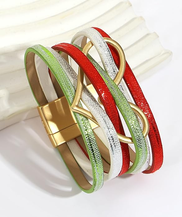 Leather Wrap Bracelet for Women Beaded Cuff Bracelet with Heart-shape Decor Bohemian Crystal Bracelet Jewelry with Clasp Bangle Bracelet for Women Girls Birthday Holiday Gift