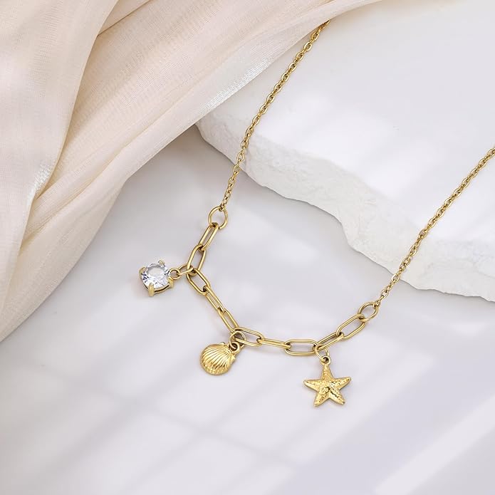 Shell Necklace for Women,14k Gold Plated Layered Starfish Conch SeaShell Pearl Pendant Charm Necklace,Non Tarnish Adjustable Stainless Steel Chain Stack Jewerly for Summer Beach Vacation