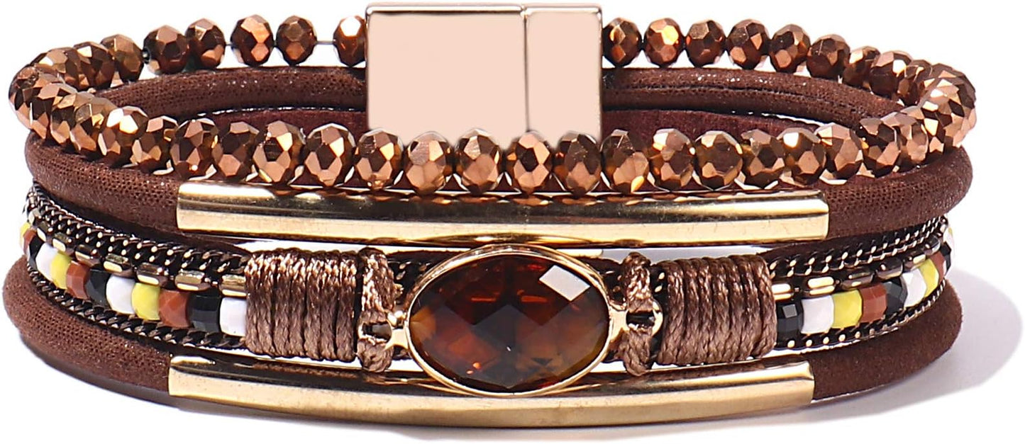 FANCY SHINY Leather Wrap Bracelets Crystal Beads Bracelet Boho Cuff Stone Charm Bracelets with Clasp Costume Jewelry for Women