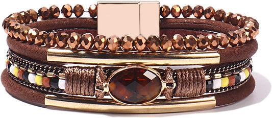 FANCY SHINY Leather Wrap Bracelets Crystal Beads Bracelet Boho Cuff Stone Charm Bracelets with Clasp Costume Jewelry for Women