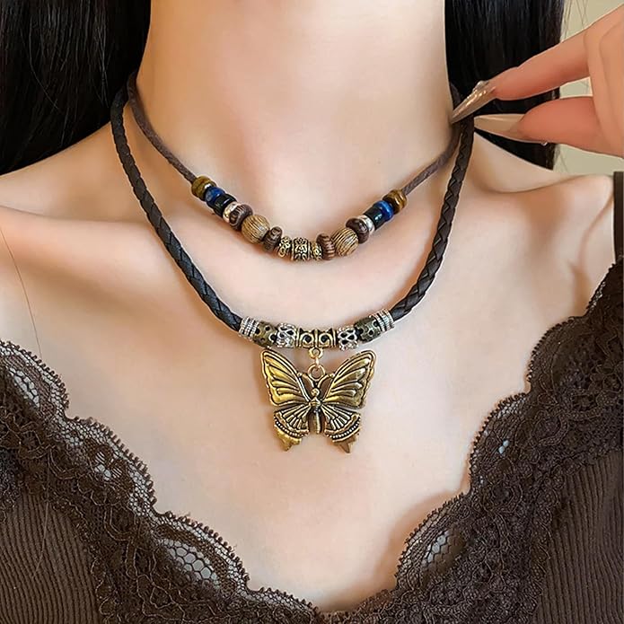 HETICA Boho Necklace for Women, Vintage Butterfly Necklace Adjustable Wooden Beads Layered Braided Necklace Fashion Tribal Style Leather Rope Necklace Jewelry