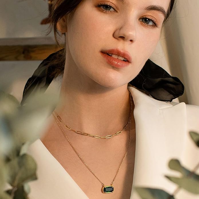 Lourny Gemstone Birthstone Pendant Layered Necklace for Women Trendy, 18K Gold Plated Paperclip Chain Preppy Choker Charm Necklace for Women Wife Jewelry