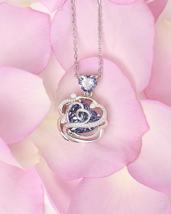FANCIME Thornless Pulse Birthstone Necklace for Women Sterling Silver Rose Pendant Fine Jewelry Gemstone Birthday Valentines Day Gifts for Wife Her