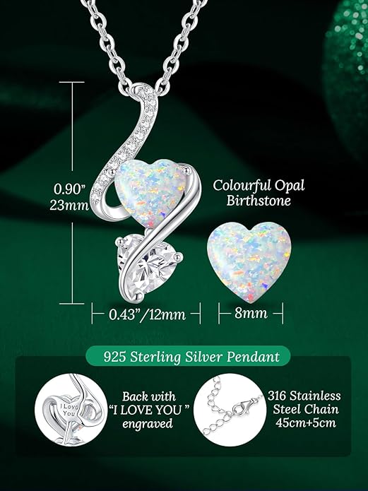LOUISA SECRET 925 Sterling Silver Opal Birthstone Necklace, Unique Tiny Double Heart Pendant Jewelry, Engraved with "S925 I Love You" Best Birthday Gift for Women Wife Girlfriend Mom Her, Christmas Day Valentine's Day Anniversary Mother's Day