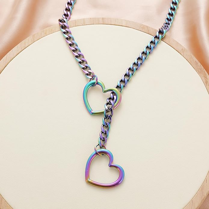 Heart Slip Chain Necklaces for Women,Stainless Steel O-Ring Adjustable Lariat Y-Necklace,Punk Gothic Cuban Collar Choker Necklace for women