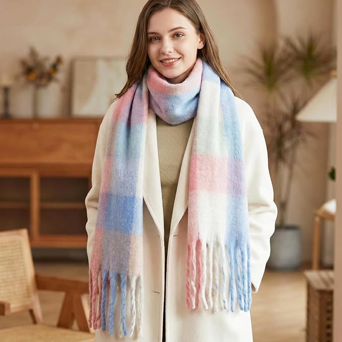 SHOHOKU Large Chunky Plaid Scarf Coloured Checked Oversized Scarf Tassel Soft Fall Winter Thick Warm Shawl Women