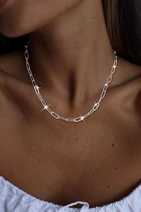 MBW Silver Paperclip Chain Necklace for Women,Dainty Sterling Silver Choker Necklaces for Women Trendy Simple Long Chunky Minimalist Waterproof Link Necklace Jewelry Gifts for Women 16/18/20 in