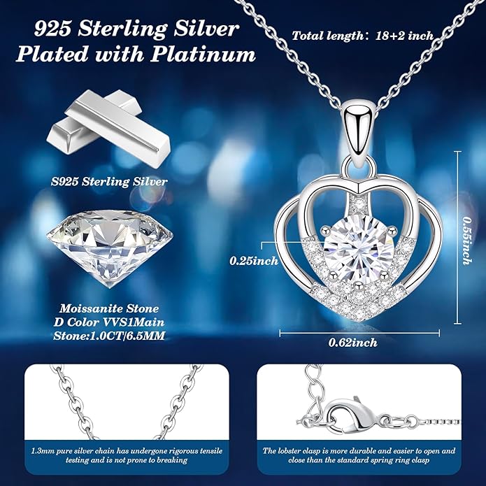 Jewelry Gifts for Women, Moissanite Heart Necklace 1-2Carat - Birthday Gift for Wife, Anniversary Necklace for Women, Christmas Valentine's Day Mother's Day Fine Jewelry Romantic Gifts for Her