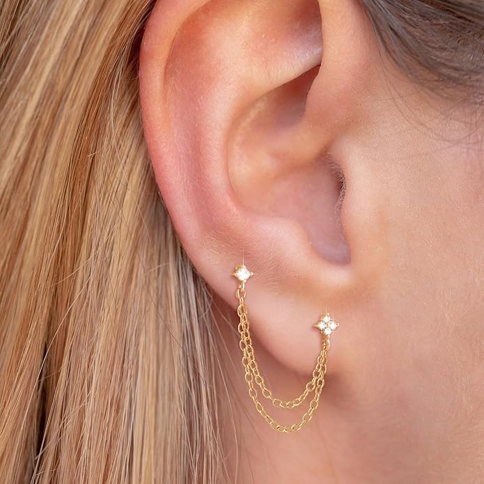 Freekiss Gold Chain Studs Earrings for Women Trendy: Hypoallergenic 14K Gold Plated Dangle Earrings Dainty Small Long Chain Earring Set Fashion Gold Jewelry for Women