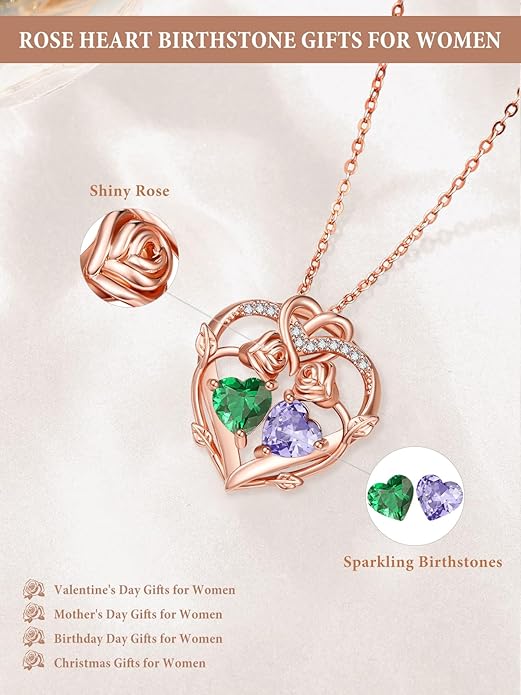 Rose Gold Necklaces for Women Double Birthstone Rose Flower Heart Pendant Necklace Jewelry Anniversary Christmas Valentine's Mother's Day Birthday Gift for Wife Mom Her Girlfriend Sister