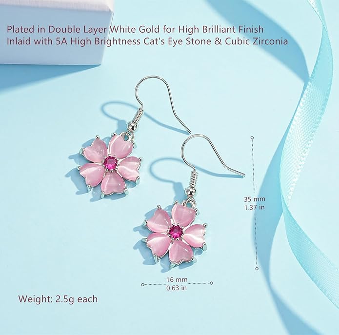 VONSSY Elegant Cherry Blossom Necklace Earrings Pink Cats Eye Flower Flora Sakura Gemstone Crystal Pendant 18k Gold Plated Chain Jewelry Set Gift for Woman Wife Girlfriend