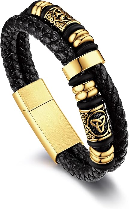 Bandmax Mens Black Double Wax Rope Cuff Bracelets Waterproof Stainless Steel Norse Style Celtic Knot Beads Bracelet Wristband Gift for Men