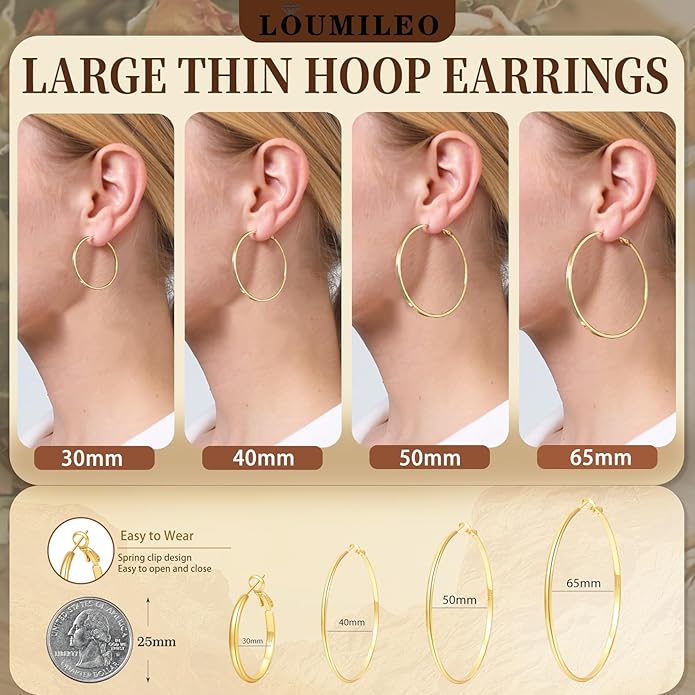 LOUMILEO 2mm Thin 925 Sterling Silver & 14k Gold Plated Hoop Earrings Large Silver Hoop Earrings Hypoallergenic Lightweight Hoops Earrings for Women 30/40/50/65MM