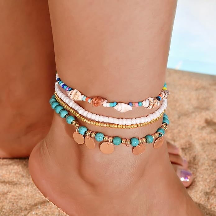 Bead Ankle Bracelets for Women Waterproof Adjustable Boho Shell Anklet Summer Beach Seashell Conch Foot Jewelry Accessories