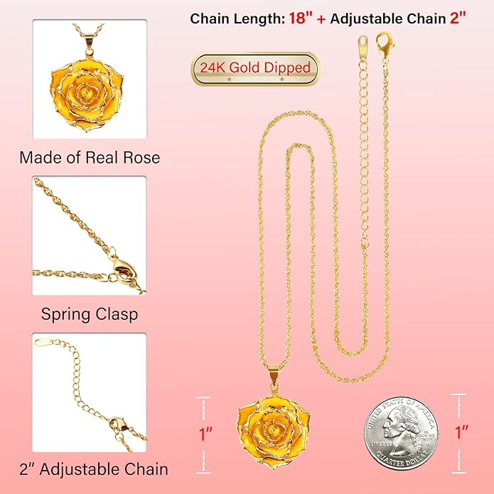 AliveRose Real Rose Gold Dipped Necklace Gifts for Women, 24K Gold Dipped Rose Pendant Necklace Jewelry Mothers Day Anniversaries Birthday Christmas Special Occasions Gifts for Her Mom Wife