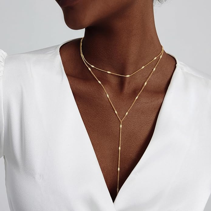 HAXIYA Lariat Gold Necklace for Women Dainty Long Necklace 14k Gold Plated/Silver Y-Shaped Pendant Drop Chain Trendy Layered Pearl/Beaded/CZ Necklaces Simple Gold Jewelry For Women Gift