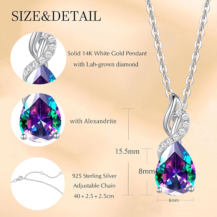 FANCIME 14K Solid White Gold Teardrop Pendant with Diamond Birthstone Necklace