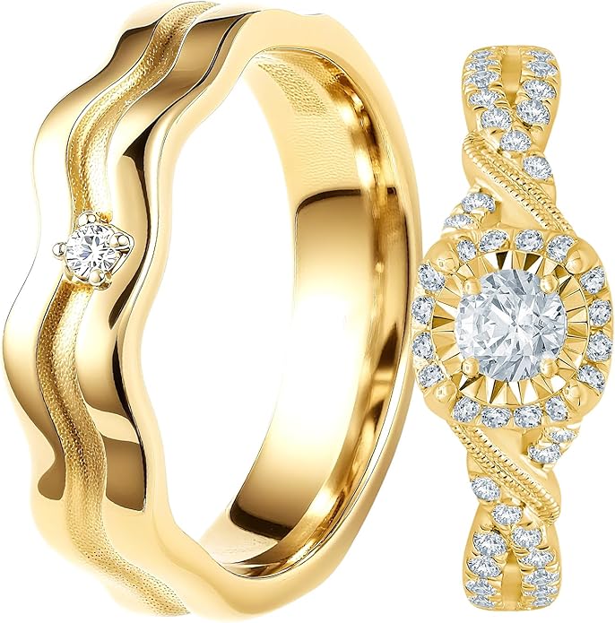 Rikelus Moissanite Engagement Ring Sets for Couples,10K 14K 18K Solid Gold Heart/Princess/Round Cut Bridal Ring Sets,Customized Matching Wedding Bands Set for Men and Women Free Engraving