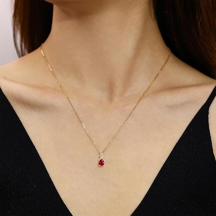 FANCIME 14K Solid Yellow Gold Teardrop Pendant with Diamond Birthstone Necklace Birthday Gifts for Mom Women, Sterling Silver Chain 16" + 2" Extender