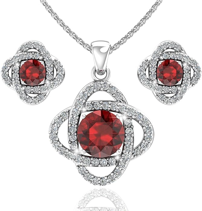 Women 925 Sterling Silver Cute Love Knot Sparkling Gemstone Push Back Stud Earrings Hanging Pendant Necklace Beautiful Fine Jewelry Accessory Set, 1.65 Carat