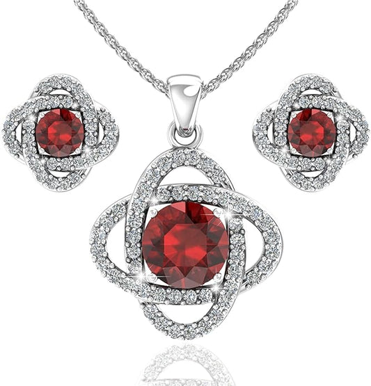 Women 925 Sterling Silver Cute Love Knot Sparkling Gemstone Push Back Stud Earrings Hanging Pendant Necklace Beautiful Fine Jewelry Accessory Set, 1.65 Carat