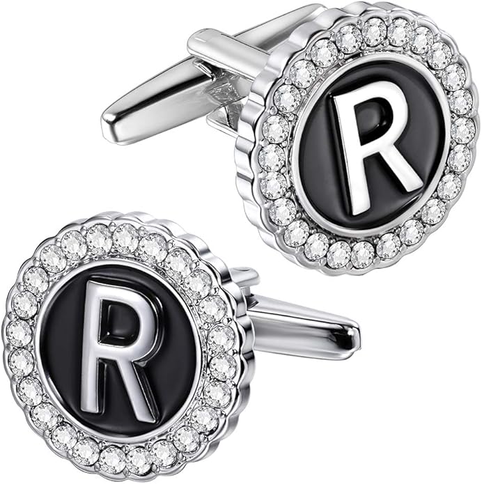 HAWSON A-Z Initial Cufflinks for Men and Women with Clear Crystal, Gold Silver Color Rasied Letter A-Z Cuff Links for French Shirt, Gift for Normal and Business Wearing