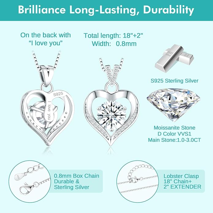 Moissanite Necklace for Women Moissanite Lab Created Diamond Heart Pendant Necklace Sterling Silver 1-3 Carat, Engraved with 'I LOVE YOU', Jewelry Gifts, for Wife, for Girlfriend, for Mom, Birthday Gift, Anniversary Present