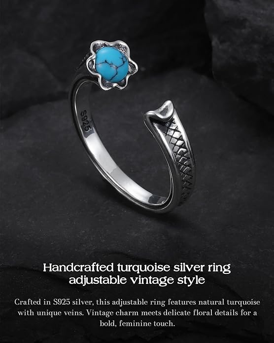 S925-Sterling-Silver Abalone Dragonfly-Turquoise Spoon Ring - Vintage Boho Sunflower Thumb Oxidized Wrap Rings Victorian Style Antique Floral Jewelry Gifts for Women