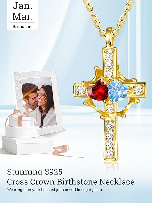 Zeuslia Double Birthstone Necklace Gifts for Wife - 925 Sterling Silver Sunflower/Rose/Crown Cross/Compass/Heart Pendant I Love You Necklace, Anniversary Birthday Gifts for Wife Girlfriend Mom Her