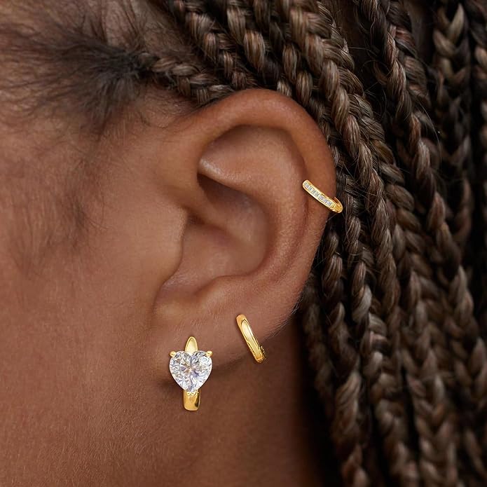 3Pairs Small Gold Huggie Hoop Earrings for Women,Romantic heart,Twisted braid two colors,3 CZ Hoop,5 Round Zircon Sport Hoops Earrings Set,14K Gold Filled Silver Hypoallergenic Earring Excellent gift