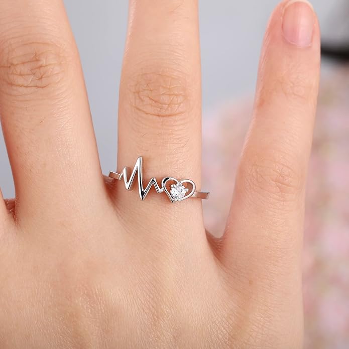 Arvaleff 925 Sterling Silver Rings for Women Ladies Wedding Band V Shaped Heatbeat Pattern Cubic Zirconia Engagement Eternity Ring Thin Stackable Comfort Fit Size 4-12