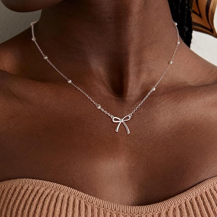 Gold Necklace for Women Dainty Bow Necklace 14K Gold Plated Cute Choker Necklace Small Bow Pendant Charm Necklaces Teen Gift Trendy Stuff Personalized Jewelry Gifts