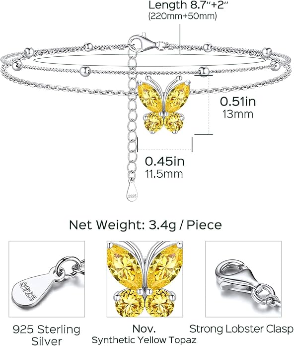 ChicSilver 925 Sterling Silver Anklets for Women Waterproof, Sparkling Birthstone Ankle Bracelets for Women, Adjustable Layered Butterfly Anklet Summer Beach Jewelry