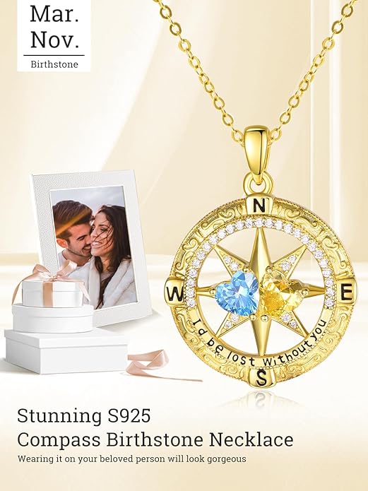 Zeuslia Double Birthstone Necklace Gifts for Wife - 925 Sterling Silver Sunflower/Rose/Crown Cross/Compass/Heart Pendant I Love You Necklace, Anniversary Birthday Gifts for Wife Girlfriend Mom Her