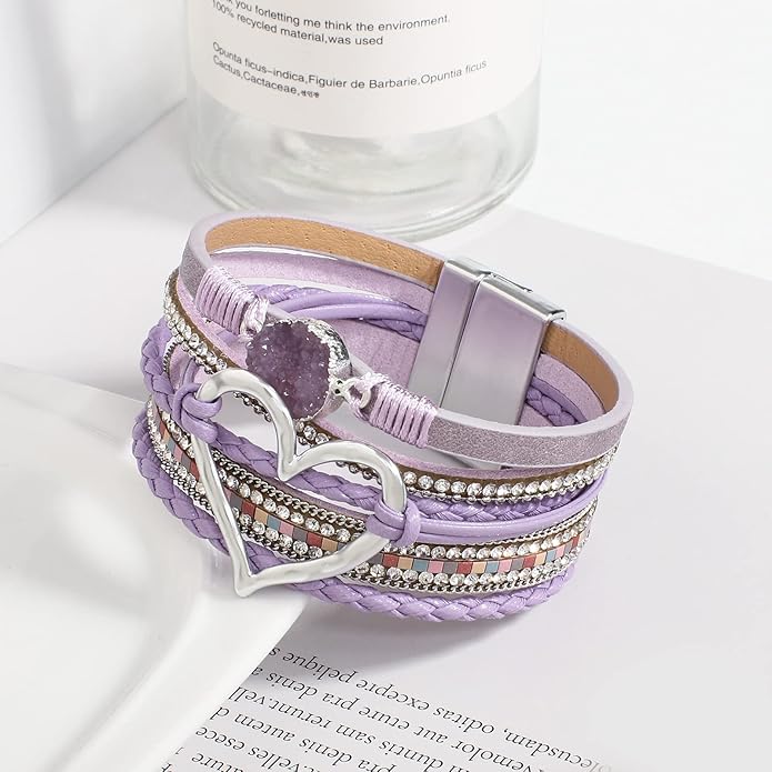 Leather Wrap Bracelet for Women Beaded Cuff Bracelet with Heart-shape Decor Bohemian Crystal Bracelet Jewelry with Clasp Bangle Bracelet for Women Girls Birthday Holiday Gift