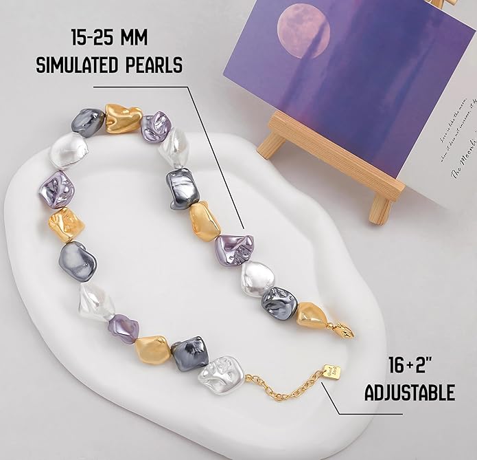 Chunky Statement Stone Beaded Necklace, Big Baroque Pearl Gold Choker, Trendy Boho Colorful Stone Jewelry