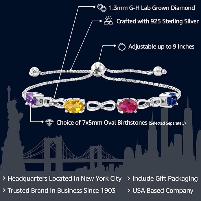 Gem Stone King 925 Sterling Silver Customized and Personalized 4 Gemstone Birthstone and White Lab Grown Diamond Infinity Tennis Bracelet For Women (3.02 Cttw, Fully Adjustable Up to 9 Inch)
