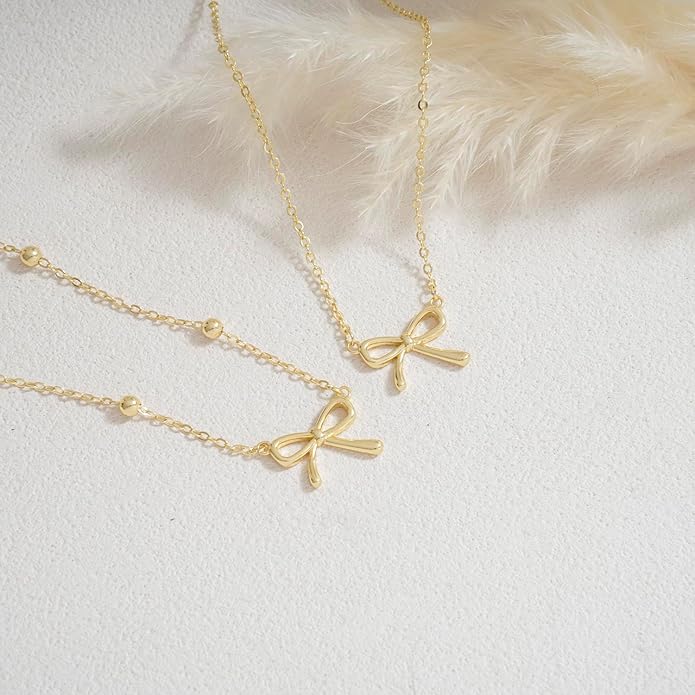 Gold Necklace for Women Dainty Bow Necklace 14K Gold Plated Cute Choker Necklace Small Bow Pendant Charm Necklaces Teen Gift Trendy Stuff Personalized Jewelry Gifts