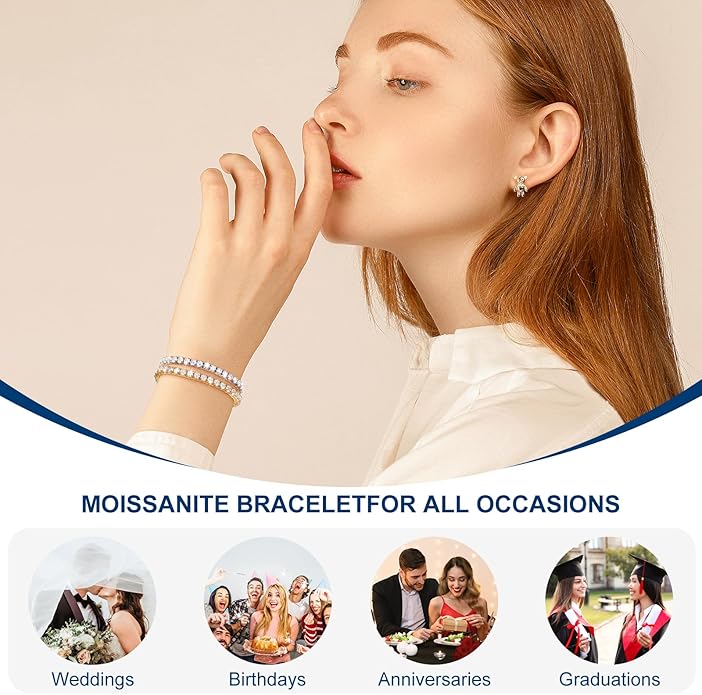 Moissanite Tennis Bracelet 1.52ct-7.76ct Adjustable Bracelet for Women 18K White Gold Plated S925 Sterling Silver Tennis Bracelet D Color VVS1 Round Cut 2/3/4mm Moissanite Bracelet Gifts for Wife/Mom